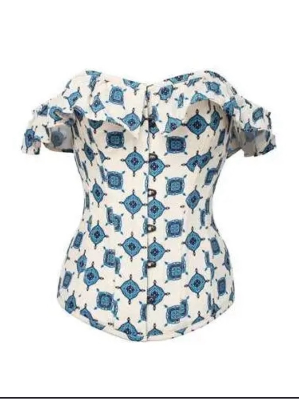 Off-Shoulder Blue Patterned Button-Front Women's Blouse